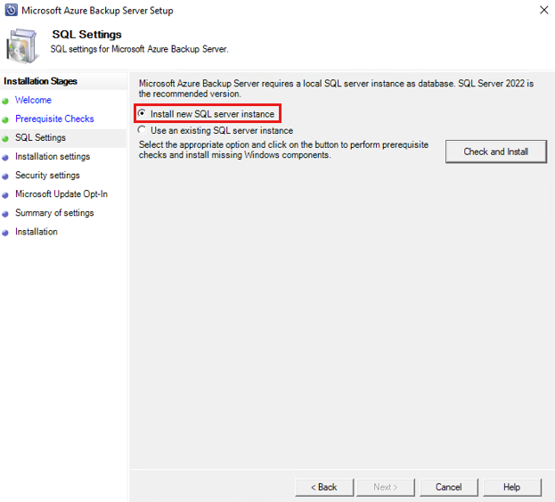 Screenshot zeigt Azure Backup Server SQL-Überprüfung.