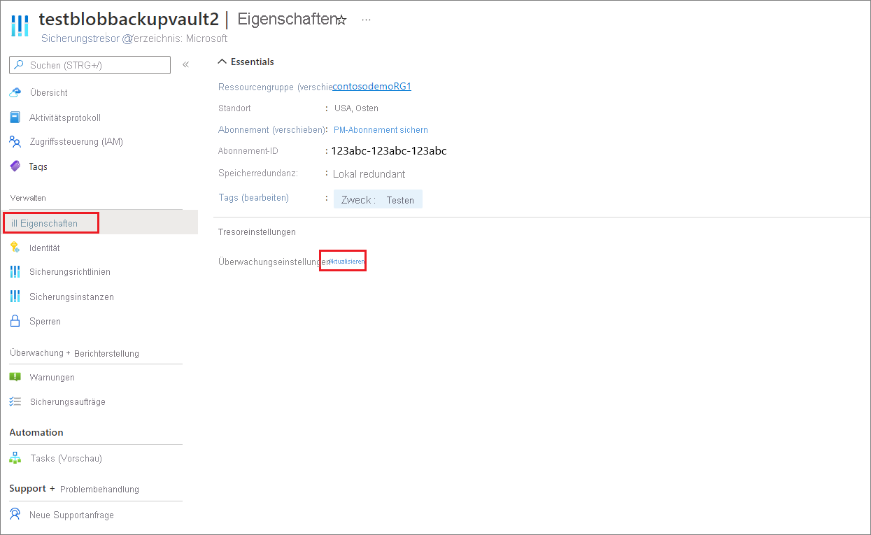 Screenshot for monitoring settings in backup vault.