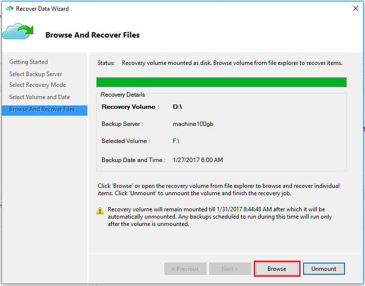 Screenshot of Recover Data Wizard Browse And Recover Files page (restore to alternate machine)