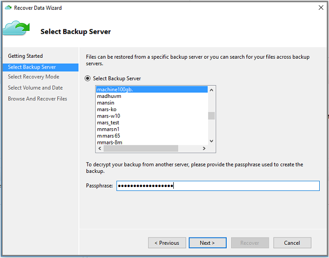Screenshot of Recover Data Wizard Select Backup Server page (restore to alternate machine)