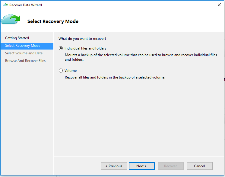 Screenshot of Recover Data Wizard Select Recovery Mode page (restore to alternate machine)