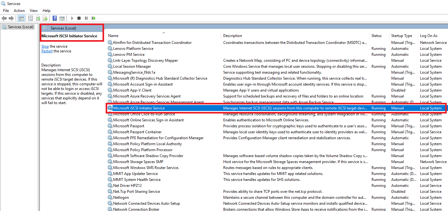 Screenshot des Task-Managers von Azure Backup mit hervorgehobener Option „Dienste (lokal)“