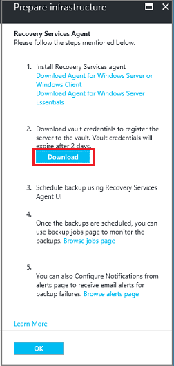 Screenshot shows how to download vault credentials.