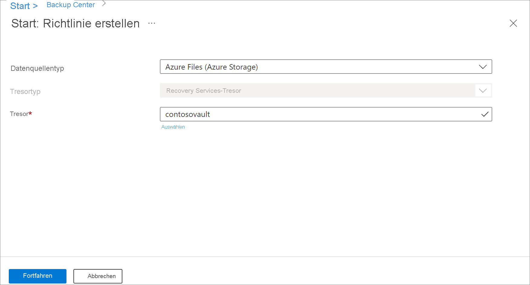 Screenshot showing to select Azure File share as the policy type.