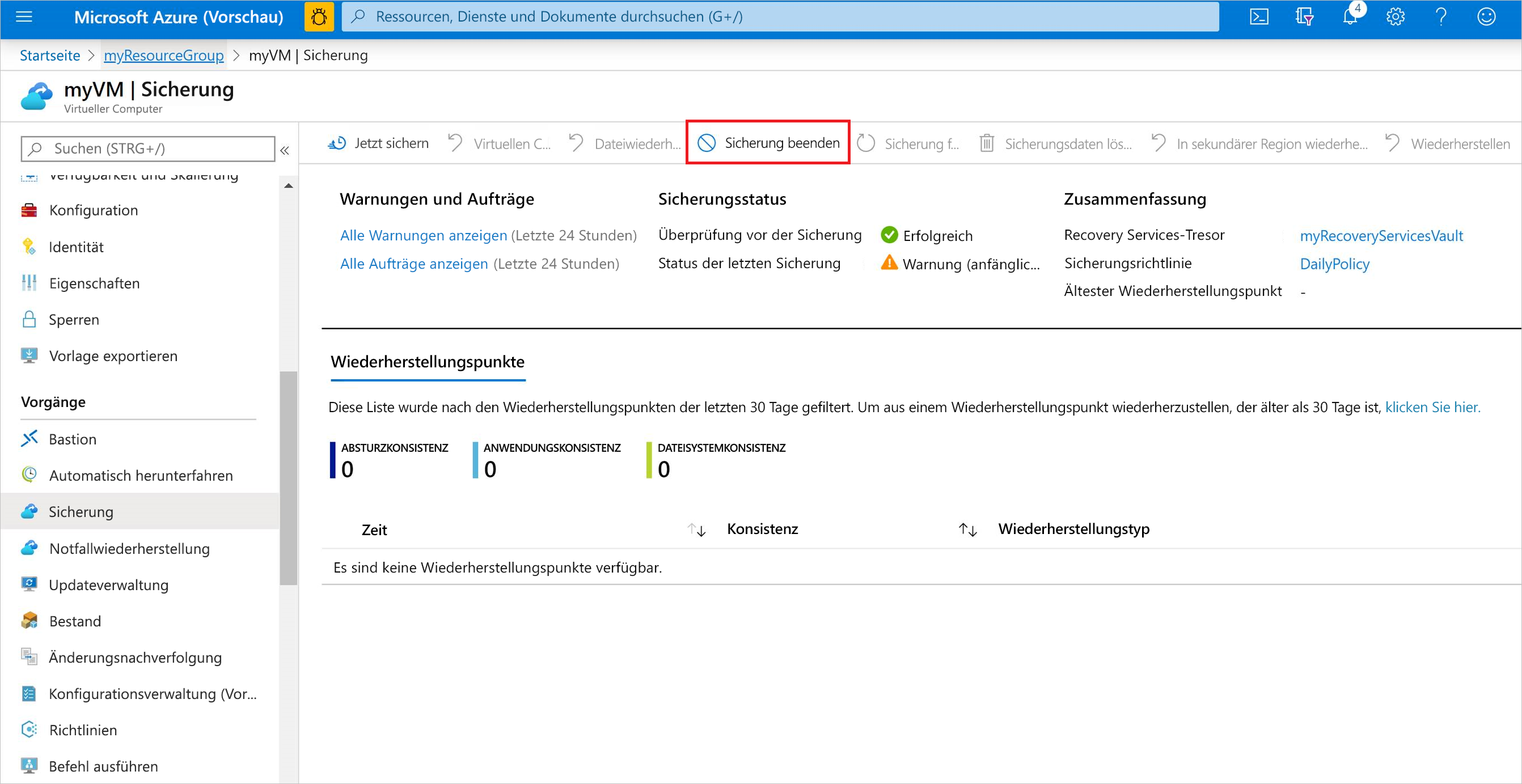 Screenshot showing to stop VM backup from the Azure portal.