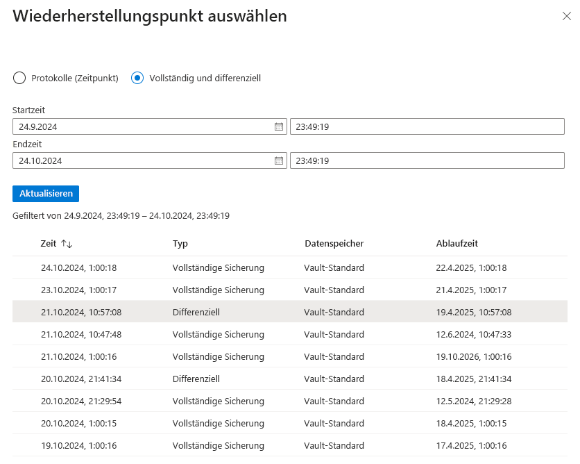 Screenshot: Auswählen des Wiederherstellungspunkts