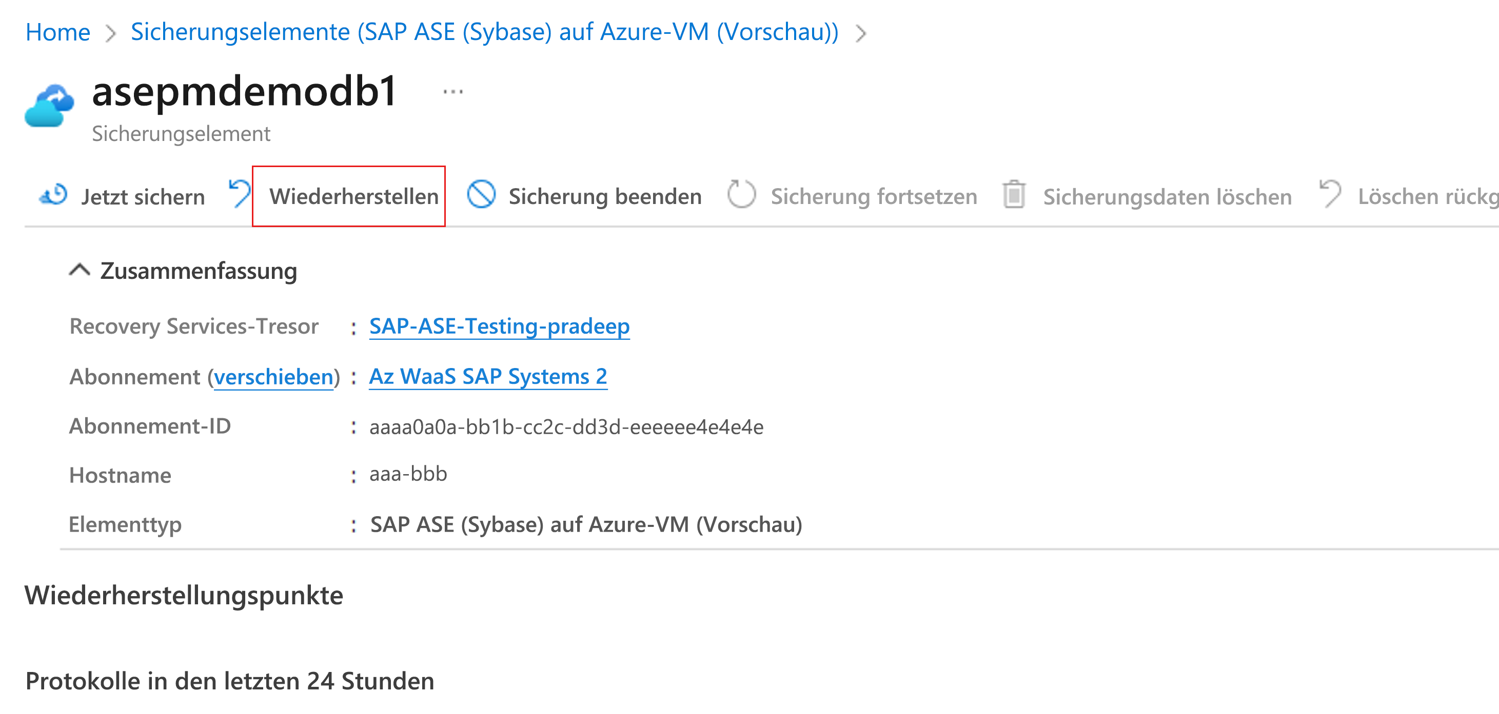 Screenshot: Auswählen von „Wiederherstellung“