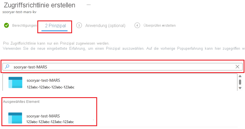 Screenshot shows the assignment of permission to a selected vault.