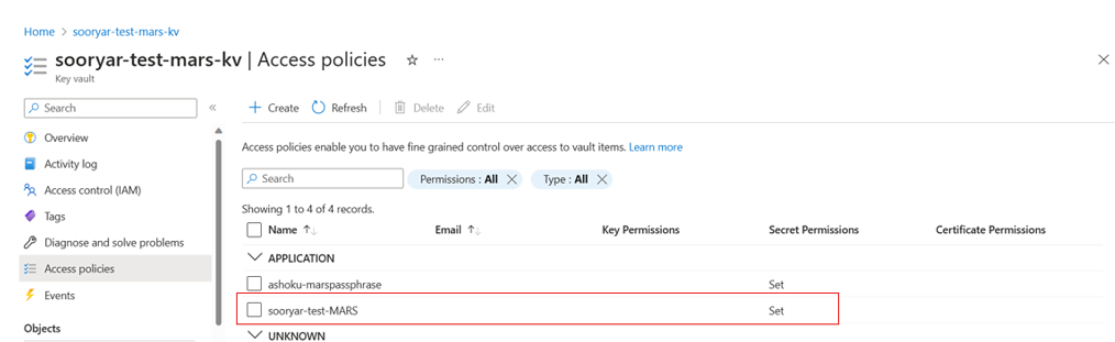 Screenshot shows the Recovery Services vault name is listed under Key Vault.