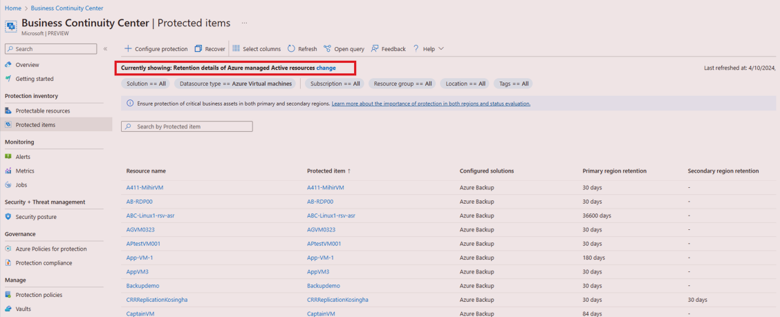 Der Screenshot zeigt die geschützten Objekte in der Aufbewahrungstabelle.
