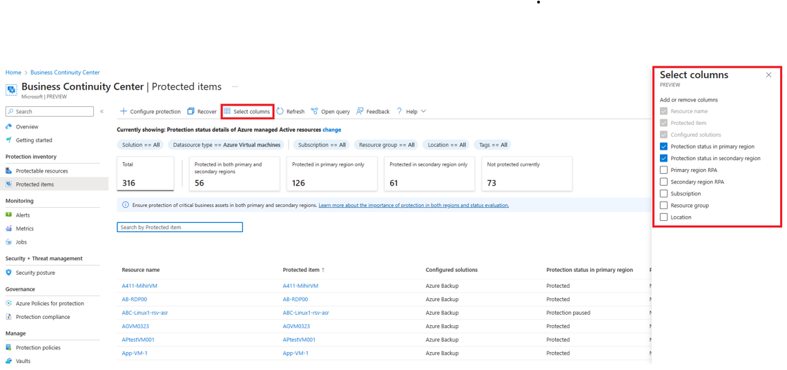 Der Screenshot zeigt die Auswahl der Spalten im Menü.