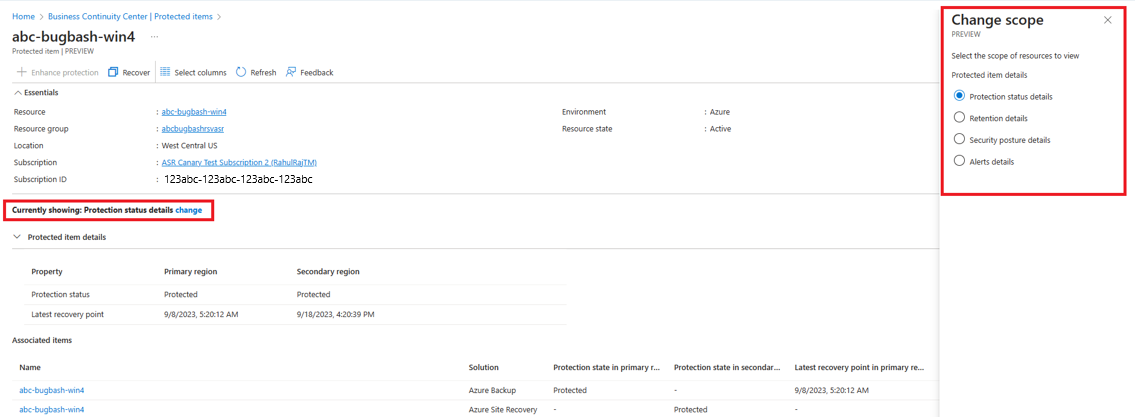 Der Screenshot zeigt die Schaltfläche Details zum Schutzstatus, die im Bereich Ändern ausgewählt wurde.