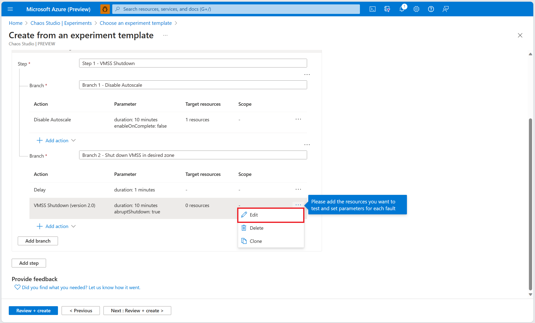 Screenshot des Bildschirms „Experiment-Designer“ mit hervorgehobener Schaltfläche „Bearbeiten“ im Fehler „VM-Skalierungsgruppenausfall“