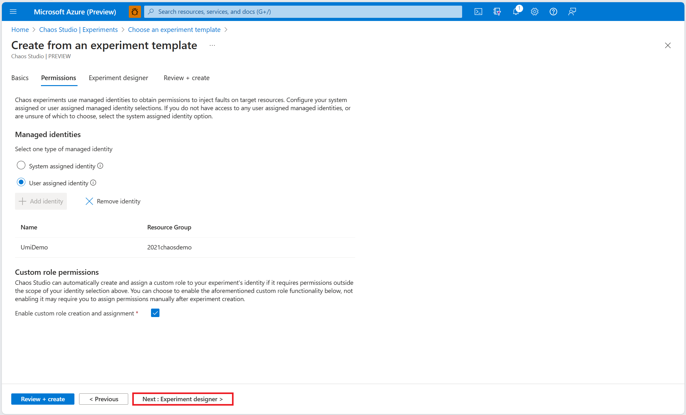 Screenshot: Bildschirm „Experimentberechtigungen“, auf dem die Schaltfläche für die Registerkarte „Experimentdesigner“ hervorgehoben ist.