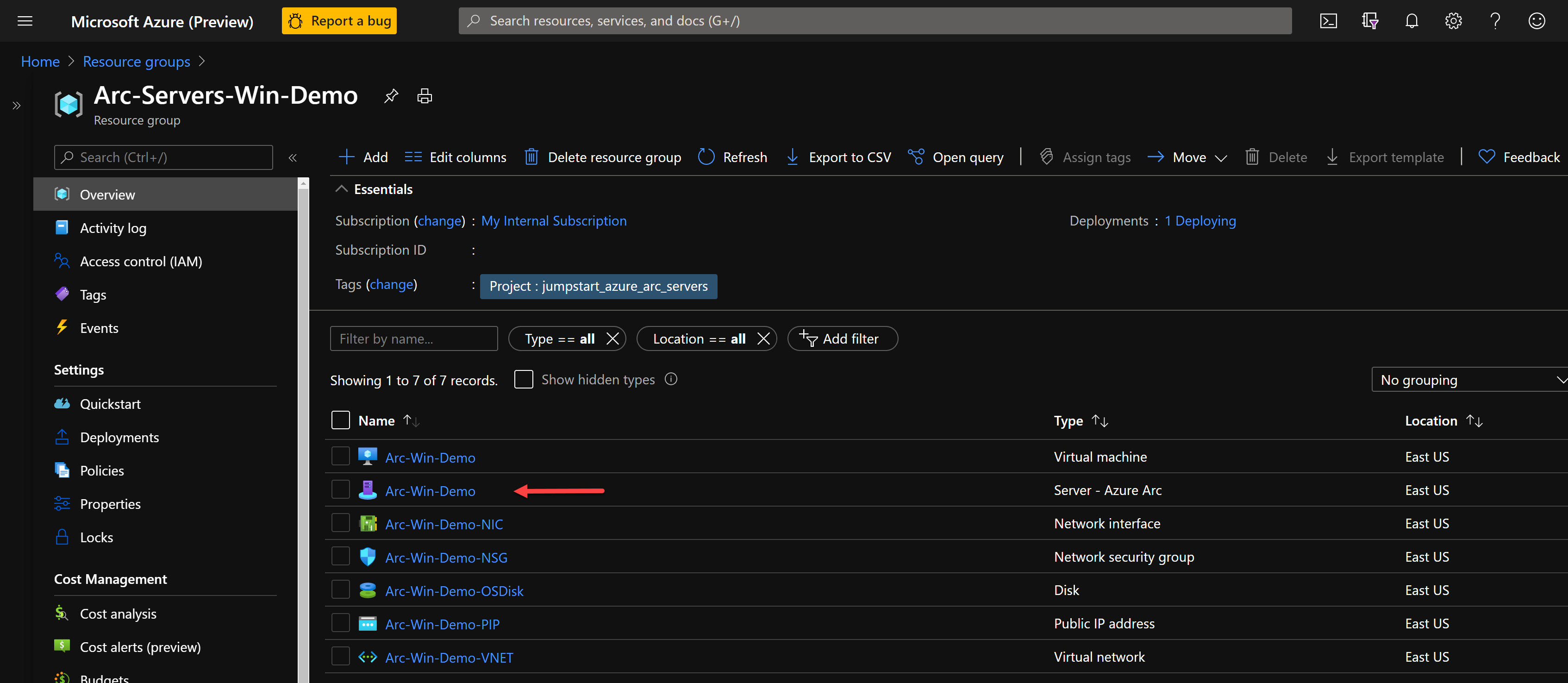 A screenshot of a resource group from an Azure Arc-enabled server.