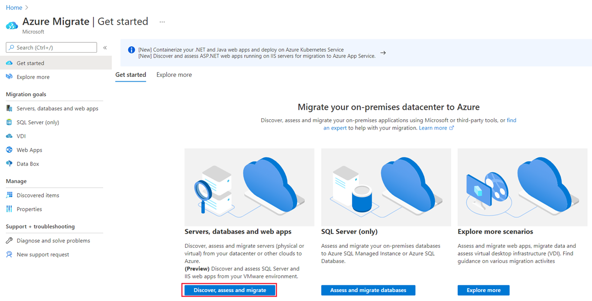 Screenshot: Übersichtsseite und Registerkarte „Erste Schritte“ für Azure Migrate.