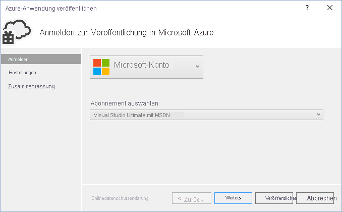 Anmeldung für Microsoft Azure-Veröffentlichung