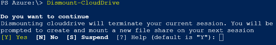Screenshot der Ausführung des Befehls „Dismount-CloudDrive“ in PowerShell