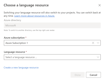 Screenshot: Bildschirm für die Ressourcenauswahl in Language Studio