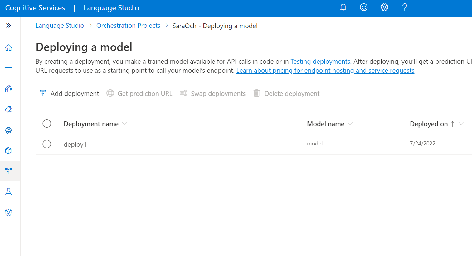 Screenshot: Schaltfläche für die Modellimplementierung in Language Studio