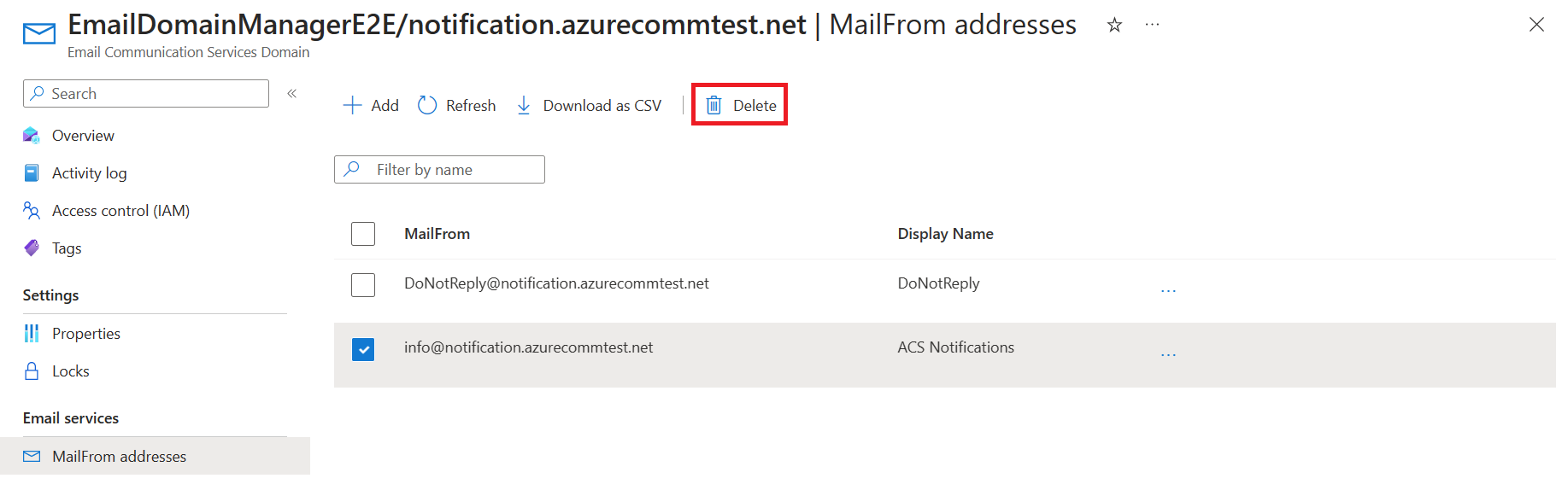 Screenshot der Liste „MailFrom-Adressen“ mit der Schaltfläche „Löschen“.
