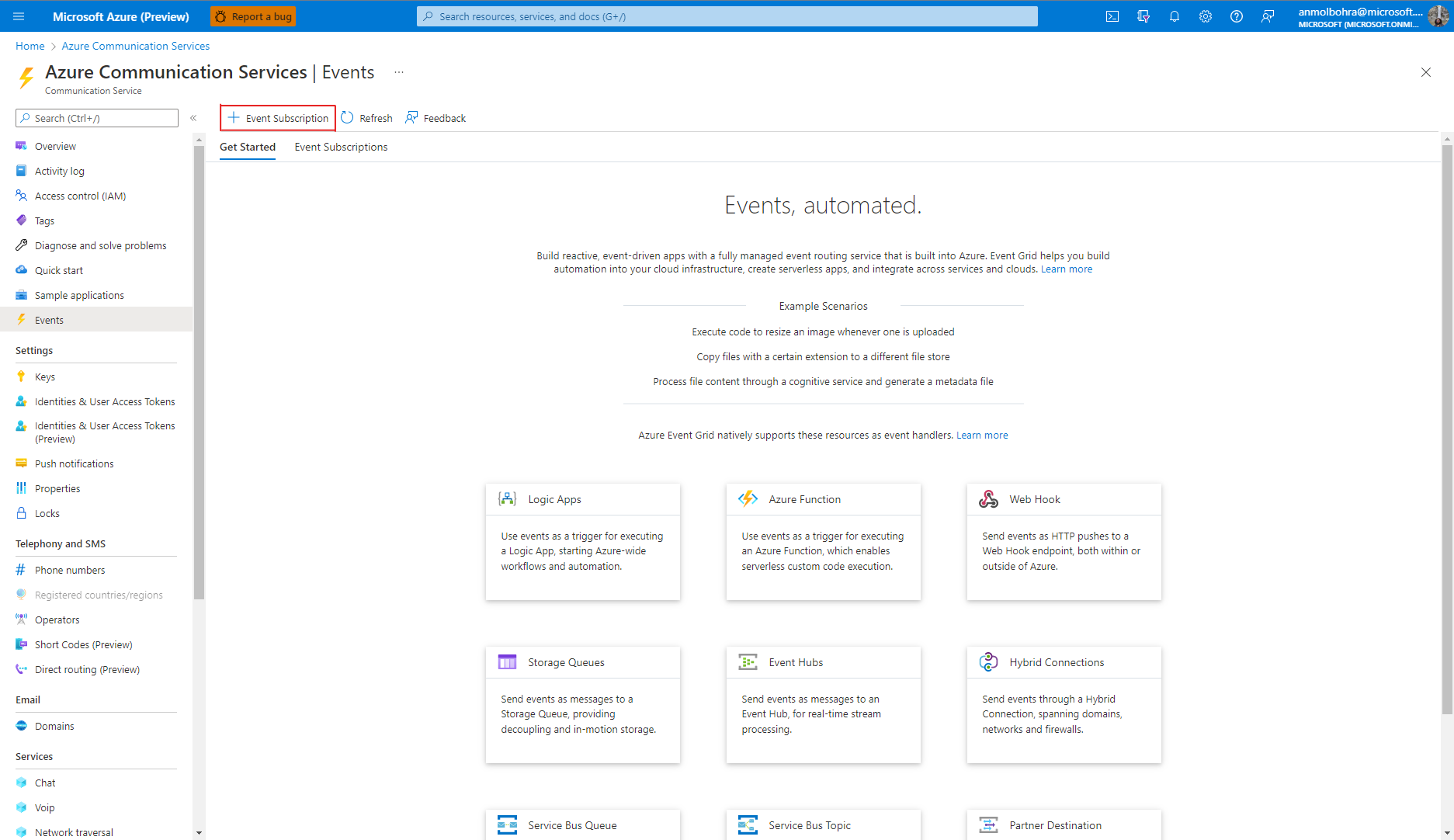 Screenshot: Seite „Ereignisse“ einer Azure Communication Services-Ressource. Die Schaltfläche „Ereignisabonnement“ ist hervorgehoben.