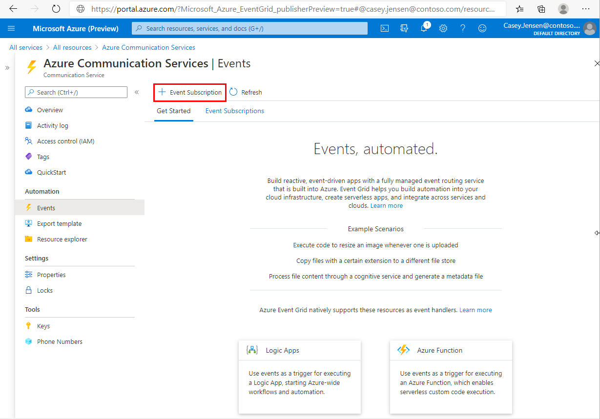 Screenshot: Seite „Ereignisse“ einer Azure Communication Services-Ressource. Die Schaltfläche „Ereignisabonnement“ ist hervorgehoben.