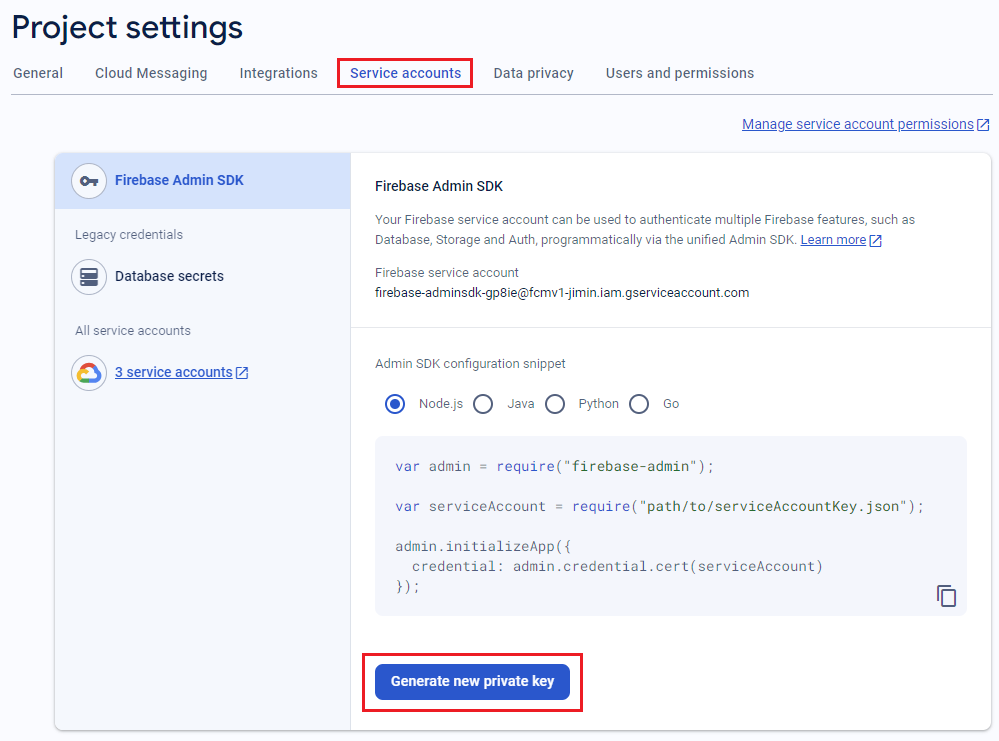 Screenshot: Generieren eines neuen privaten Schlüssels für FMC v1 in der Firebase-Konsole