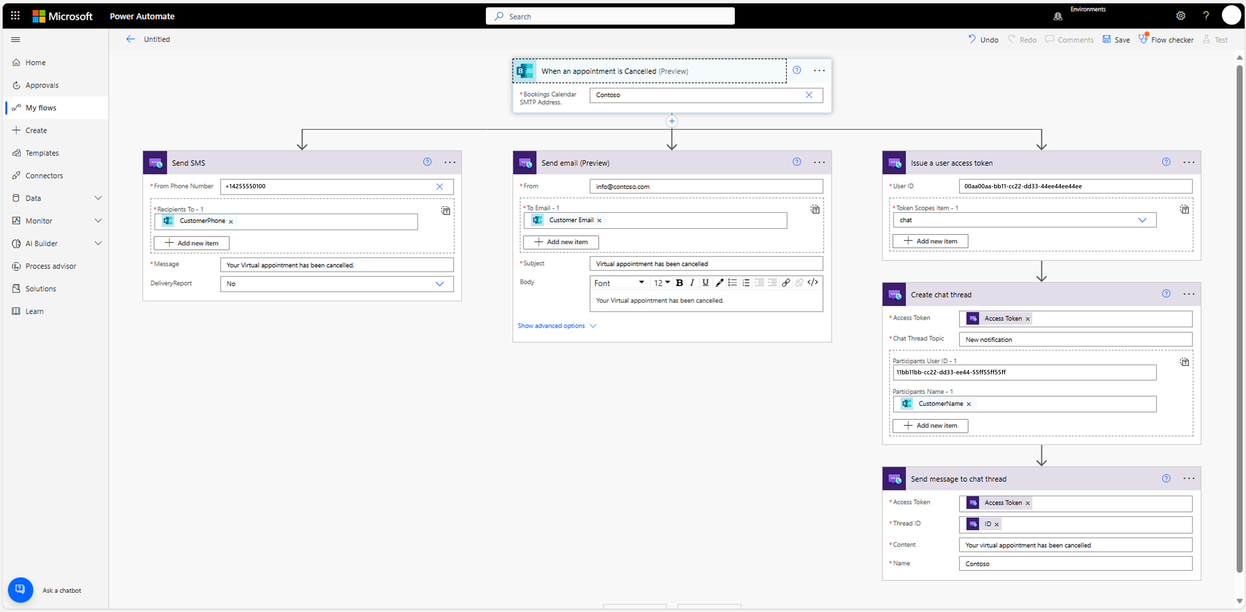 Example of Power Automate flow that sends an SMS, email and chat message when Microsoft Booking is canceled.