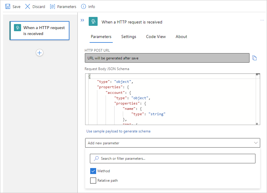 Screenshot, der den Standard-Workflow, den Anforderungstrigger und das Hinzufügen des Parameters „Method“ zeigt.