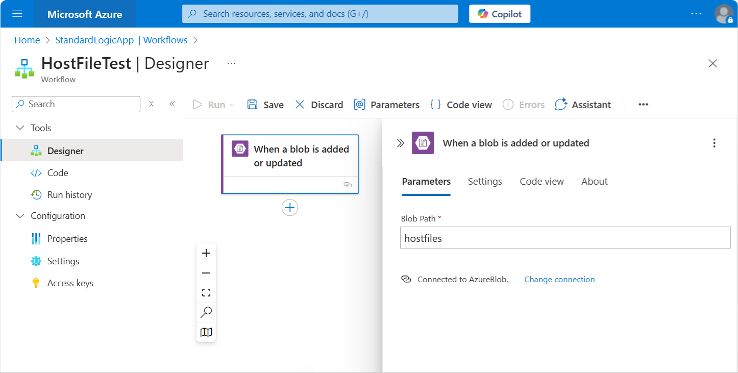 Screenshot shows Azure portal, Standard workflow designer, and Azure Blob Storage trigger.
