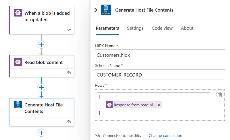 Screenshot shows the completed Generate Host File Contents action.