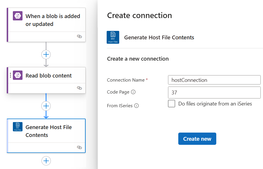 Screenshot showing Generate Host File Contents action's connection properties.
