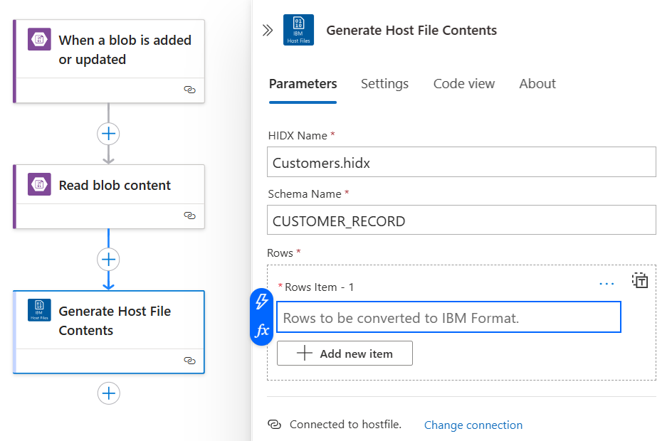 Screenshot shows the Generate Host File Contents action with selected HIDX file and schema.