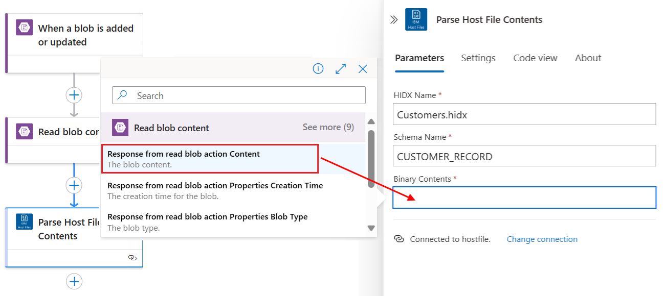 Screenshot shows the Parse Host File Contents action, dynamic content list, and selecting binary data to read from JSON file in Blob Storage account.