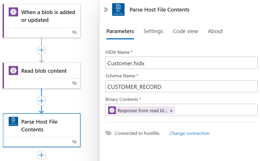 Screenshot shows the completed Parse Host File Contents action.