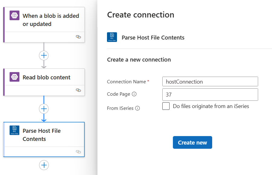 Screenshot showing the Parse Host File Contents action's connection properties.