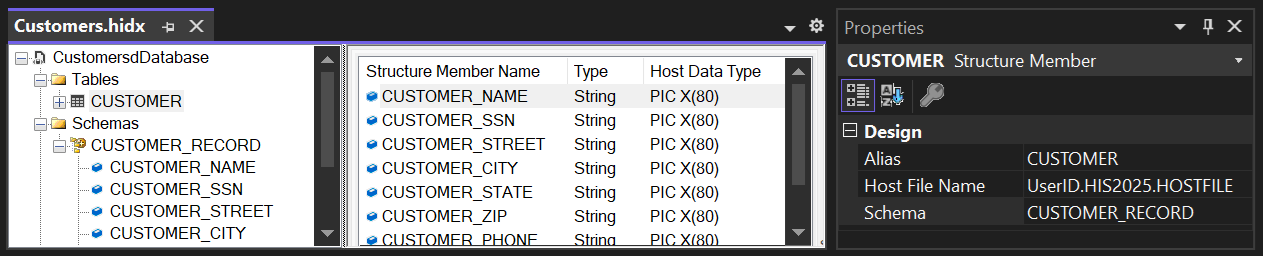 Screenshot shows Visual Studio and the host file schema in the HIDX file.
