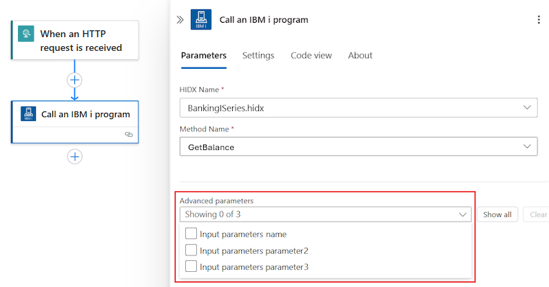 Screenshot der IBM i-Aktion mit allen Parametern.