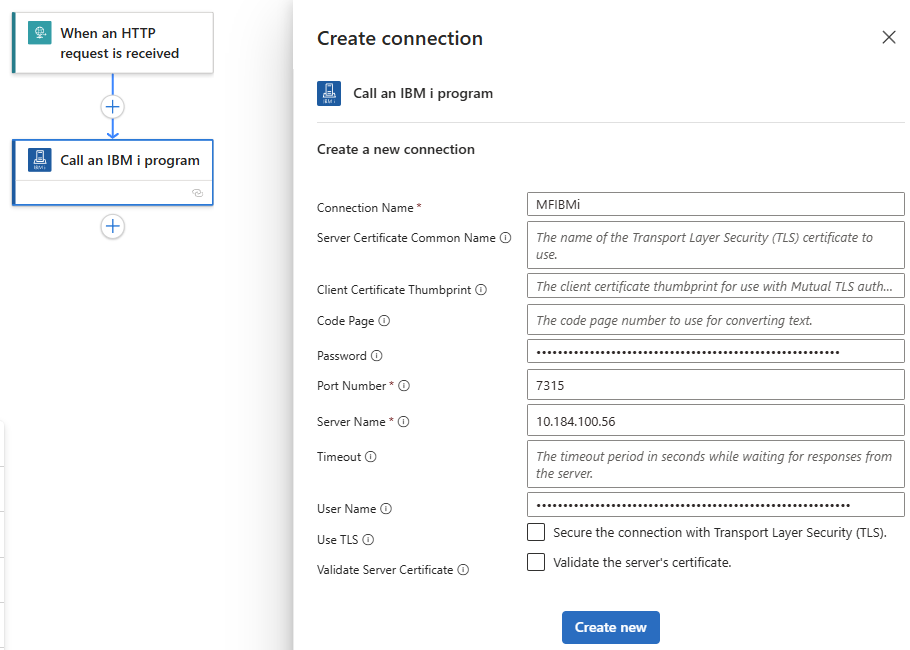 Screenshot der Verbindungseigenschaften der IBM i-Aktion.