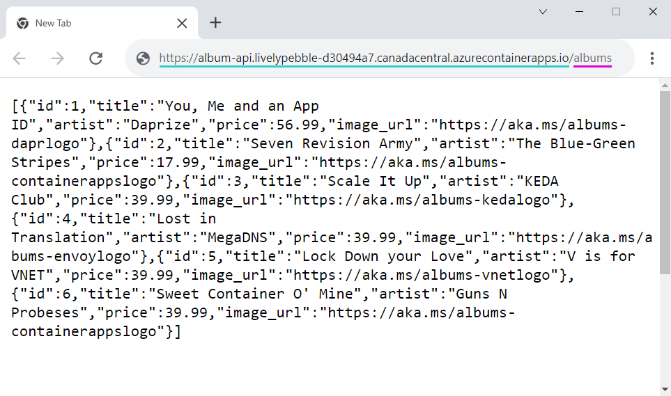 Screenshot der Antwort vom API-Endpunkt für Alben.
