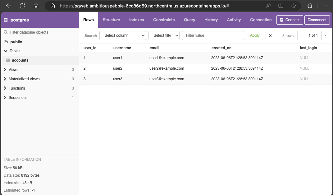 Screenshot der pgweb-Container App, die eine Verbindung zum PostgreSQL-Dienst herstellt