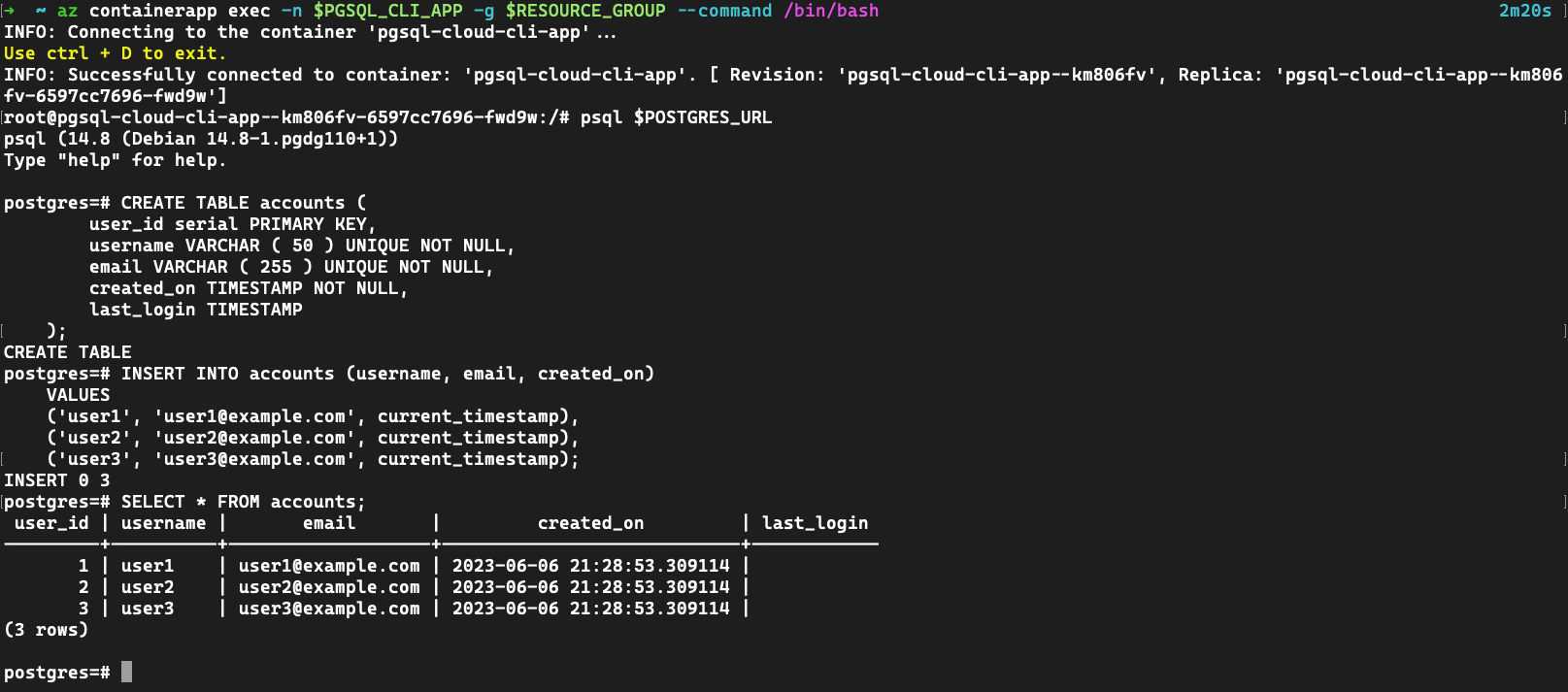 Screenshot einer Container-App, die pgsql verwendet, um sich mit PostgreSQL zu verbinden und eine Tabelle mit einigen Daten zu erstellen