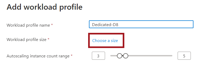 Screenshot of the window to select a workload profile for your container apps environment.