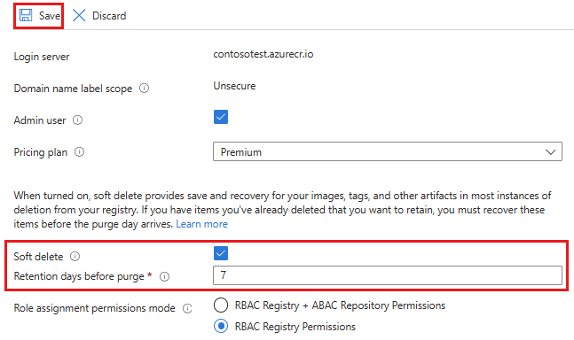 Screenshot der Option zum Aktivieren des vorläufigen Löschens im Azure-Portal.