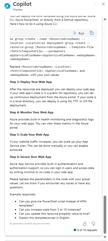 Screenshot: Microsoft Copilot in Azure stellt Anweisungen zum Bereitstellen der ARM-Vorlage zur Verfügung.