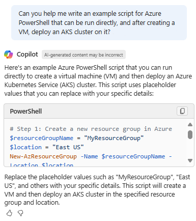 Screenshot: Copilot in Azure mit dem PowerShell-Skript, das eine VM erstellt und einen AKS-Cluster bereitstellt