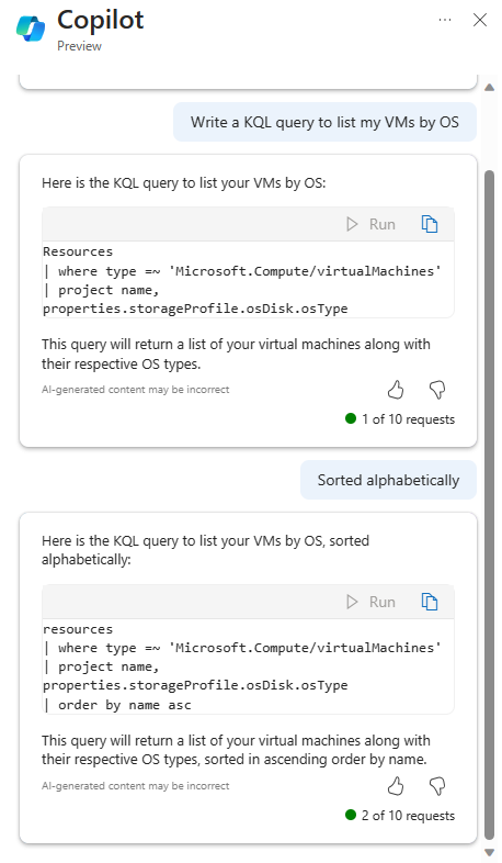 Screenshot: Microsoft Copilot in Azure (Vorschauversion) beim Generieren und anschließenden Überarbeiten einer Abfrage zum Auflisten von VMs nach Betriebssystem