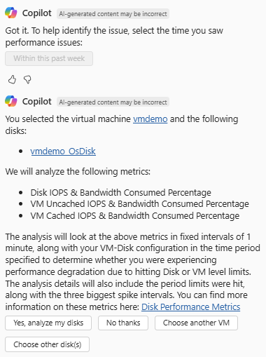 Screenshot von Azure Copilot, der die Ausführung einer Analyse der Langsamkeit der Datenträgerleistung vorbereitet.