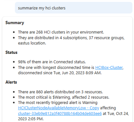 Screenshot: Microsoft Copilot in Azure mit einer Zusammenfassung der Azure Stack HCI-Cluster